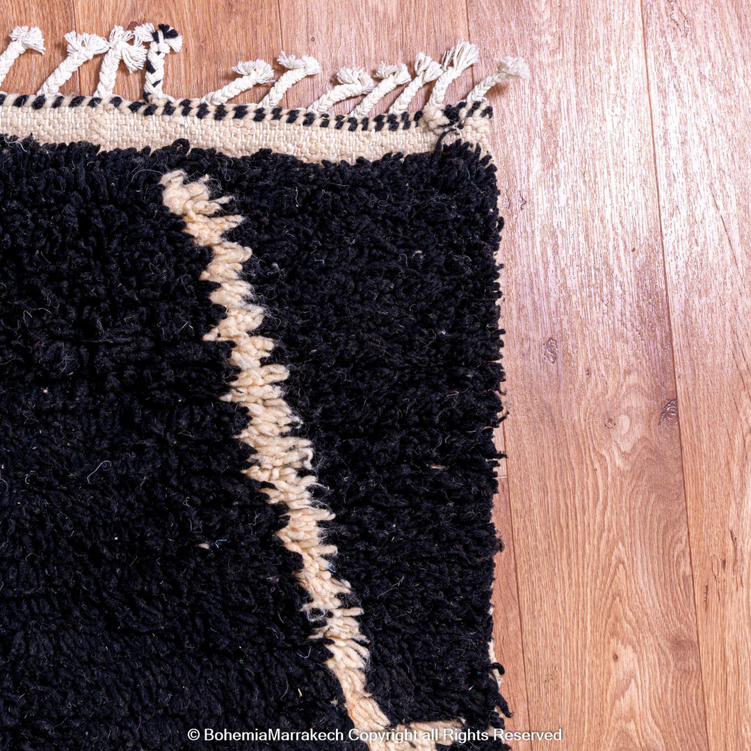 Black Beni Ourain Moroccan Rug with White Abstract Lines – Handmade Wool Carpet