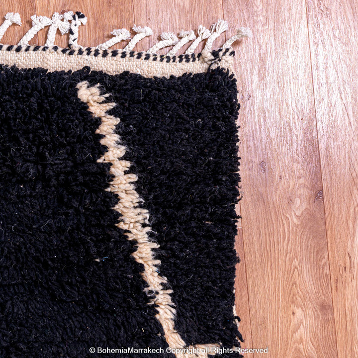 Black Beni Ourain Moroccan Rug with White Abstract Lines – Handmade Wool Carpet