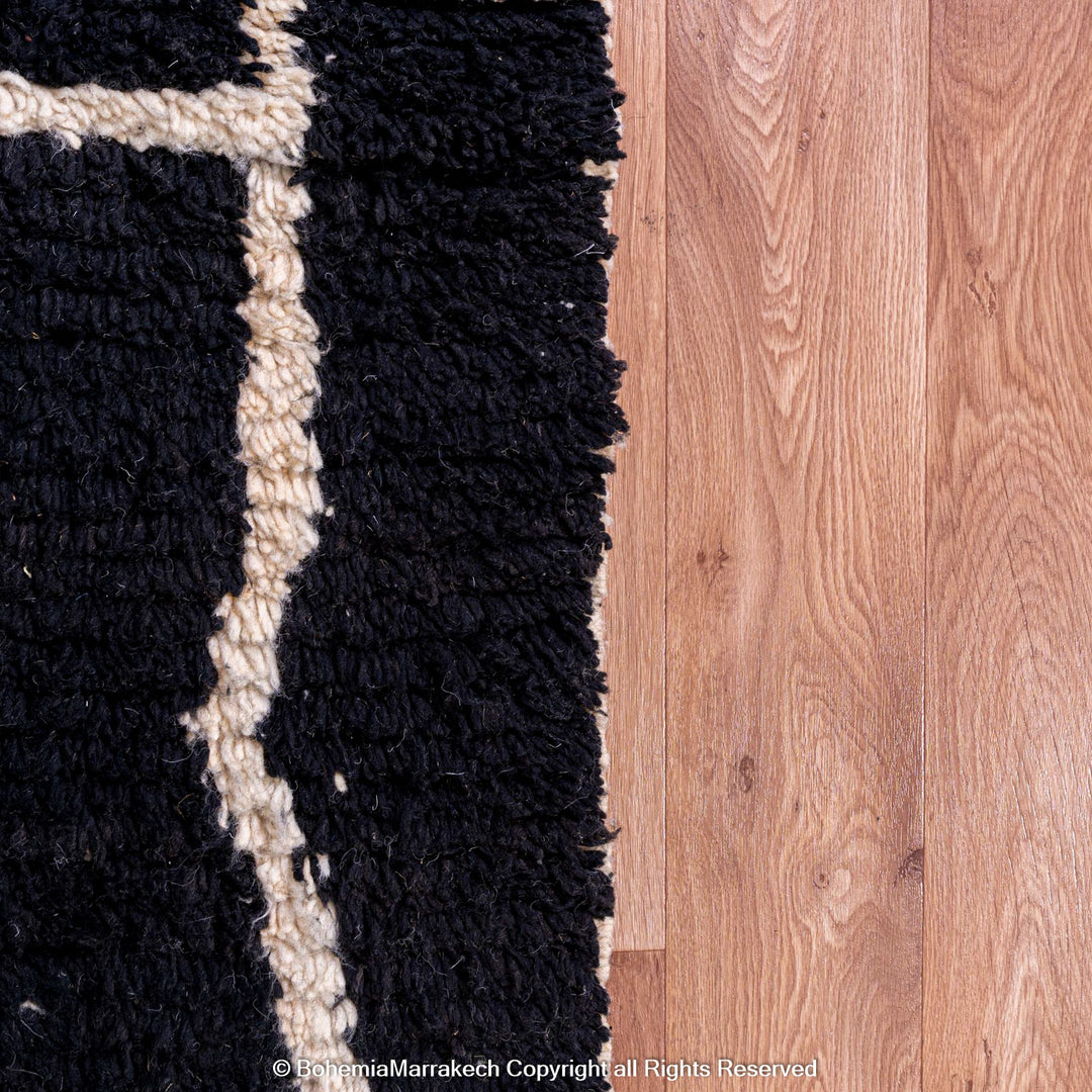 Black Beni Ourain Moroccan Rug with White Abstract Lines – Handmade Wool Carpet