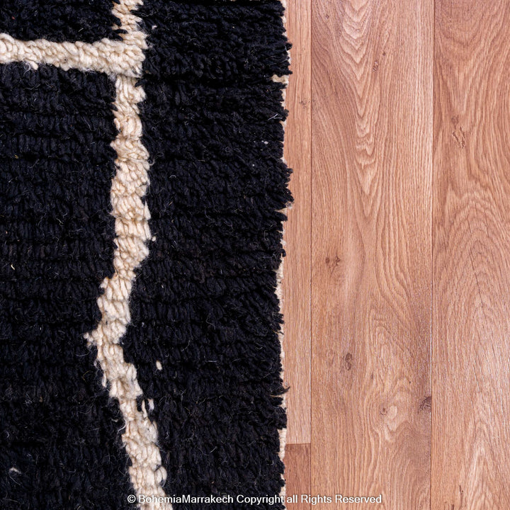 Black Beni Ourain Moroccan Rug with White Abstract Lines – Handmade Wool Carpet