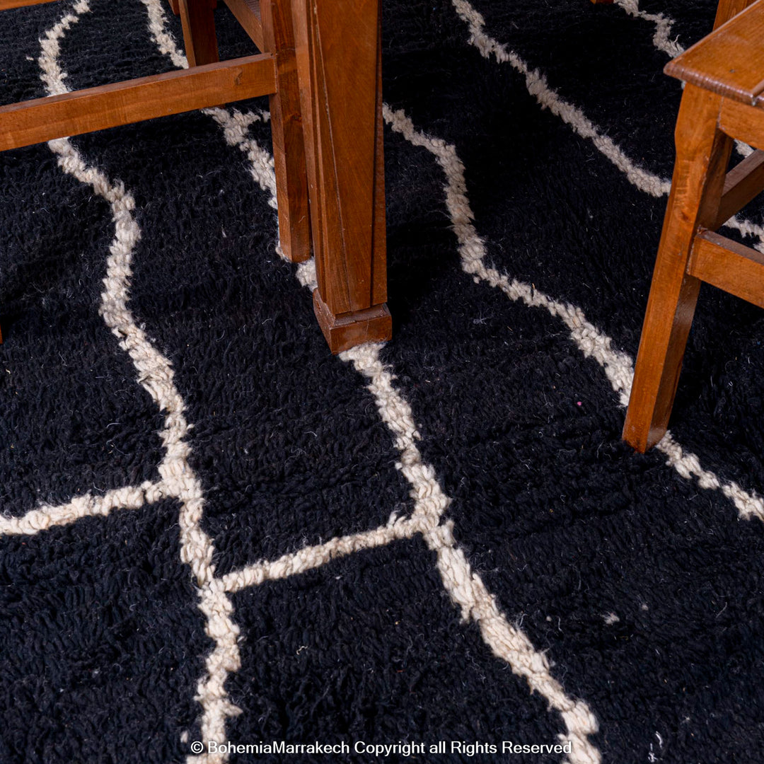 Black Beni Ourain Moroccan Rug with White Abstract Lines – Handmade Wool Carpet