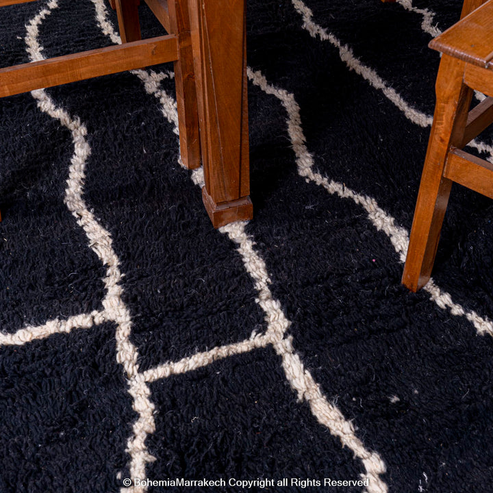 Black Beni Ourain Moroccan Rug with White Abstract Lines – Handmade Wool Carpet