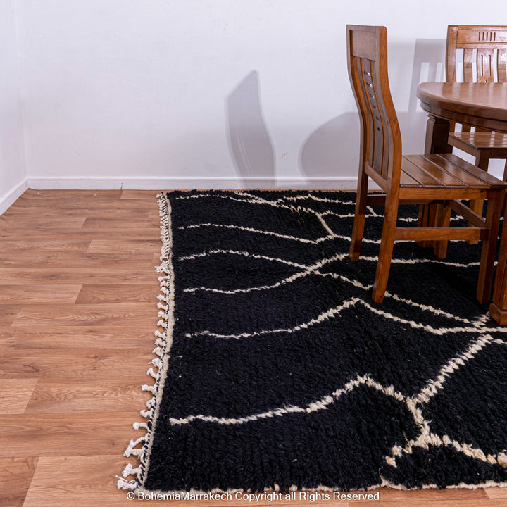 Black Beni Ourain Moroccan Rug with White Abstract Lines – Handmade Wool Carpet