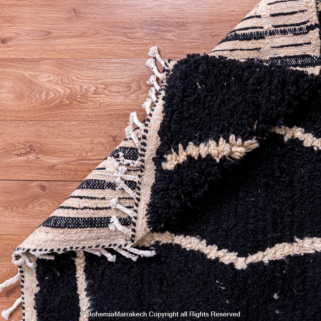 Black Beni Ourain Moroccan Rug with White Abstract Lines – Handmade Wool Carpet