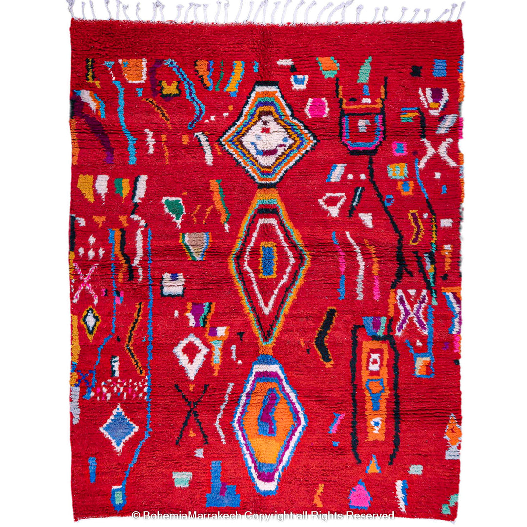 Colorful red Moroccan Boujaad rug with tribal Berber motifs and geometric patterns, handmade in wool