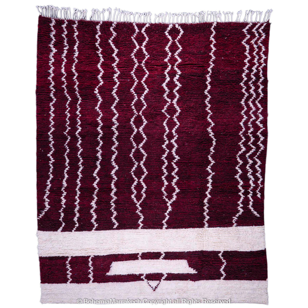 Handmade Burgundy Boujaad Moroccan Rug with Tribal White Lines