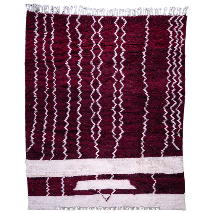 Handmade Burgundy Boujaad Moroccan Rug with Tribal White Lines