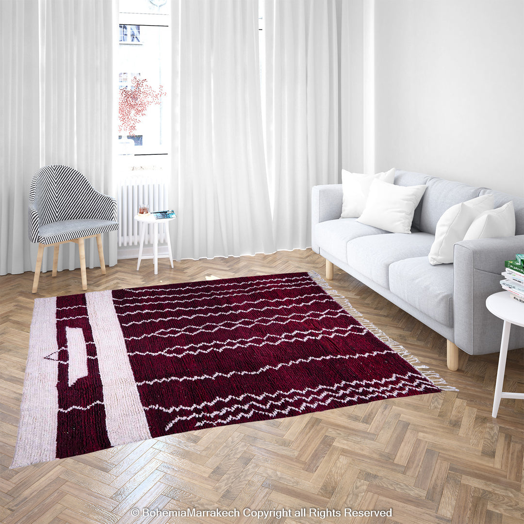 Handmade Burgundy Boujaad Moroccan Rug with Tribal White Lines