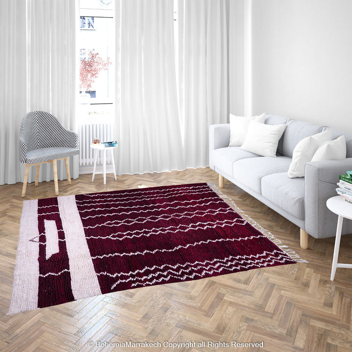 Handmade Burgundy Boujaad Moroccan Rug with Tribal White Lines