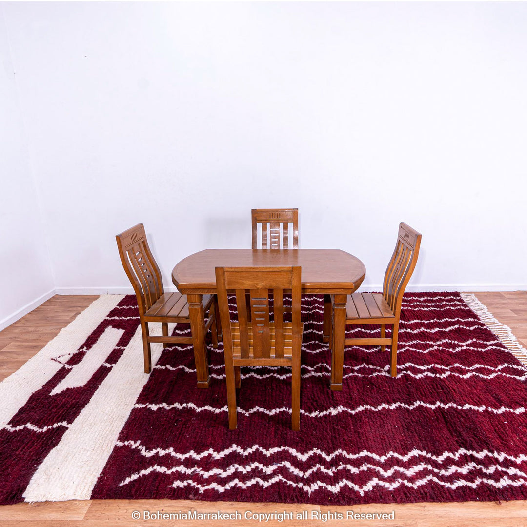 Handmade Burgundy Boujaad Moroccan Rug with Tribal White Lines