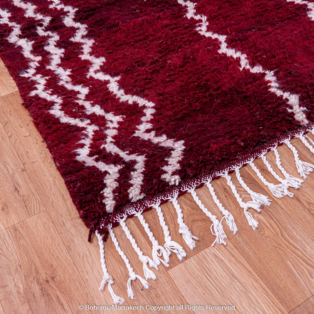 Handmade Burgundy Boujaad Moroccan Rug with Tribal White Lines