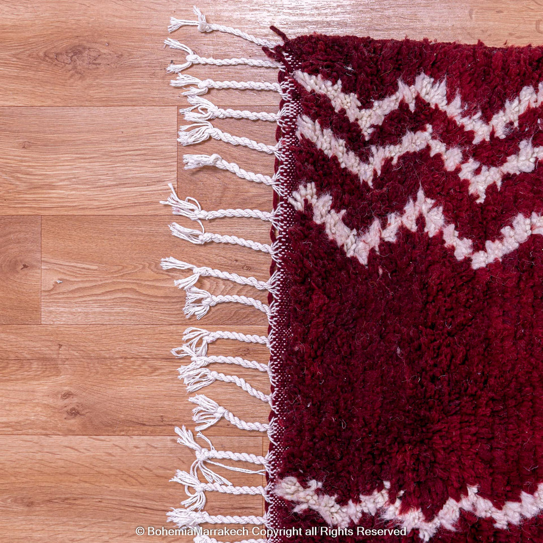 Handmade Burgundy Boujaad Moroccan Rug with Tribal White Lines