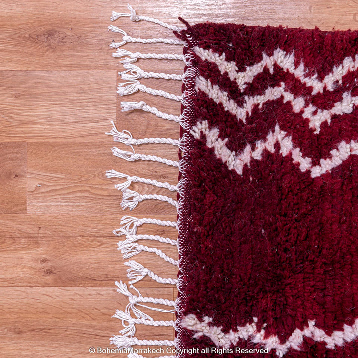 Handmade Burgundy Boujaad Moroccan Rug with Tribal White Lines