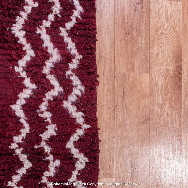 Handmade Burgundy Boujaad Moroccan Rug with Tribal White Lines