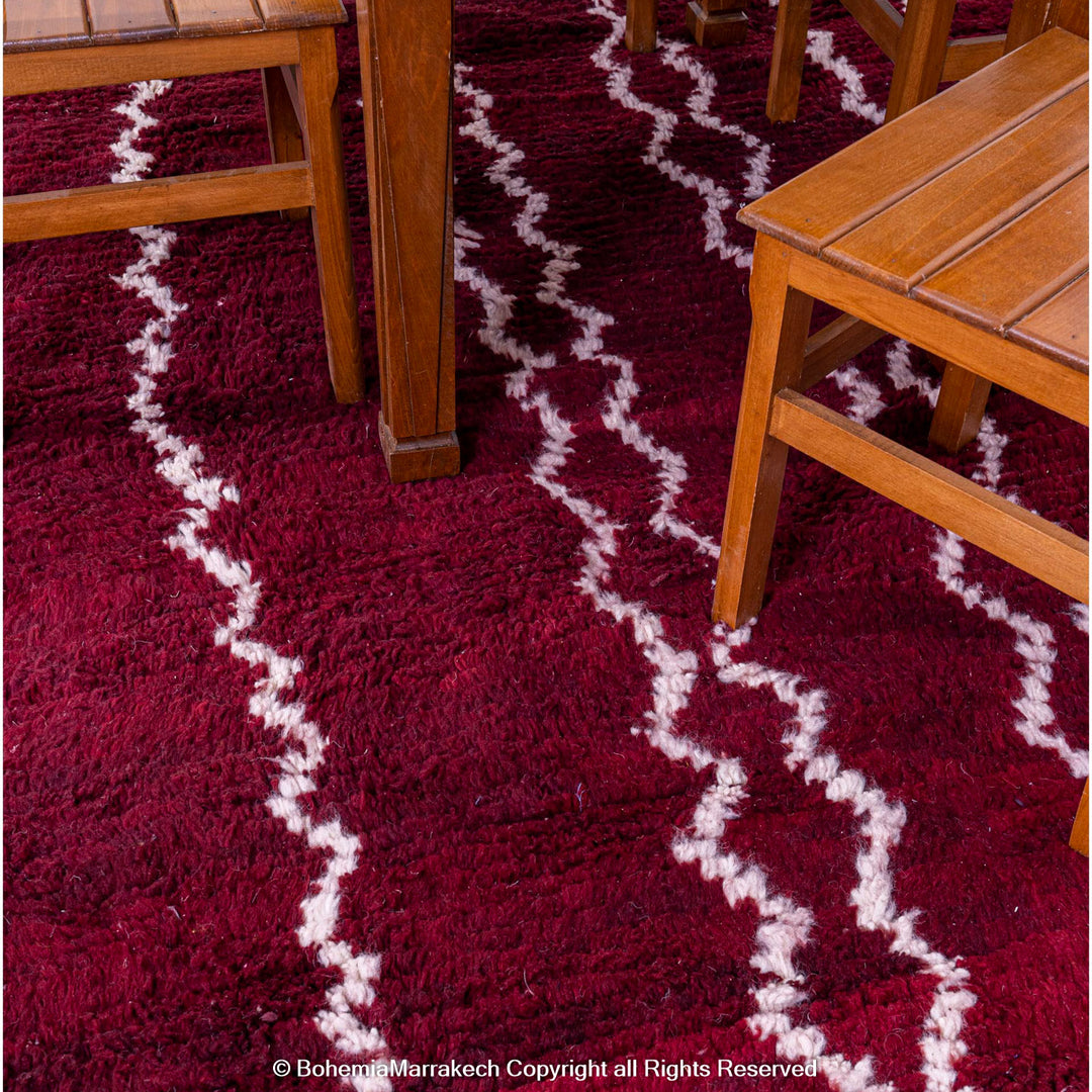 Handmade Burgundy Boujaad Moroccan Rug with Tribal White Lines