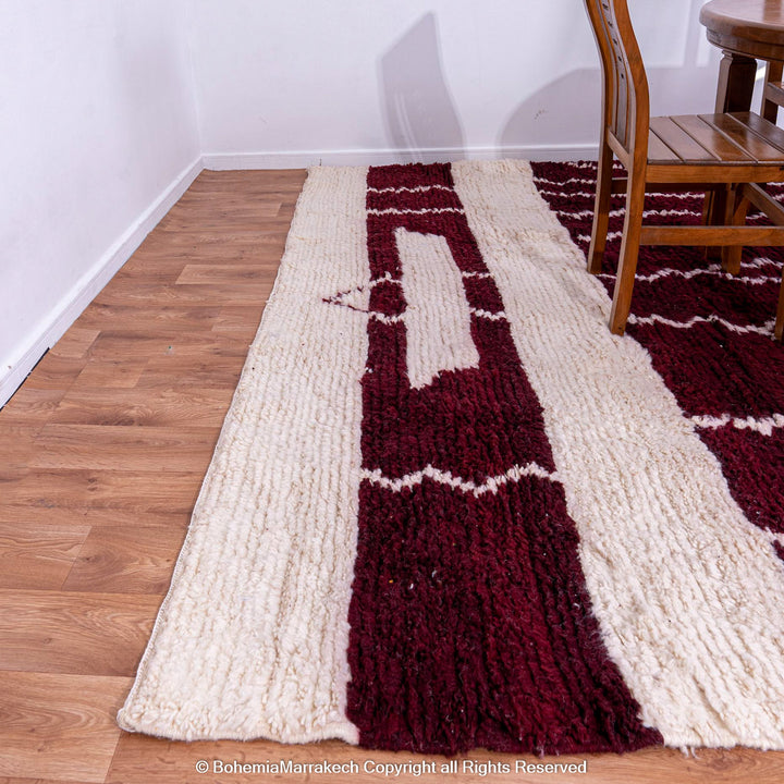 Handmade Burgundy Boujaad Moroccan Rug with Tribal White Lines
