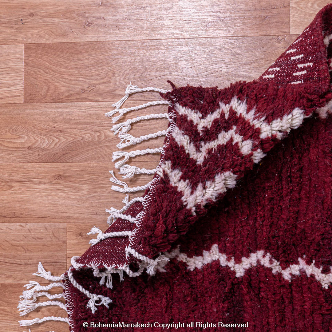 Handmade Burgundy Boujaad Moroccan Rug with Tribal White Lines