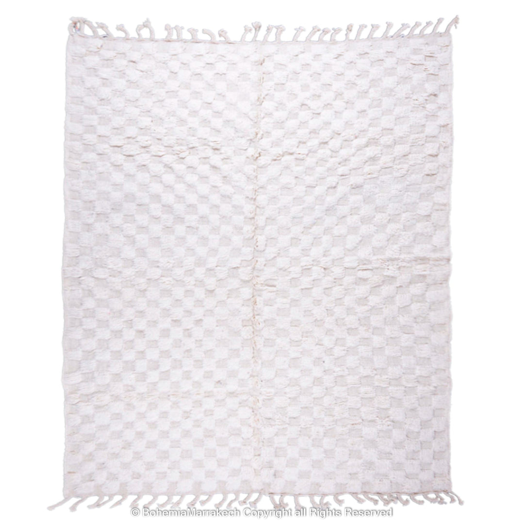 Handmade white checkered Moroccan wool rug, traditional Berber design, perfect for Scandinavian and minimal interiors.
