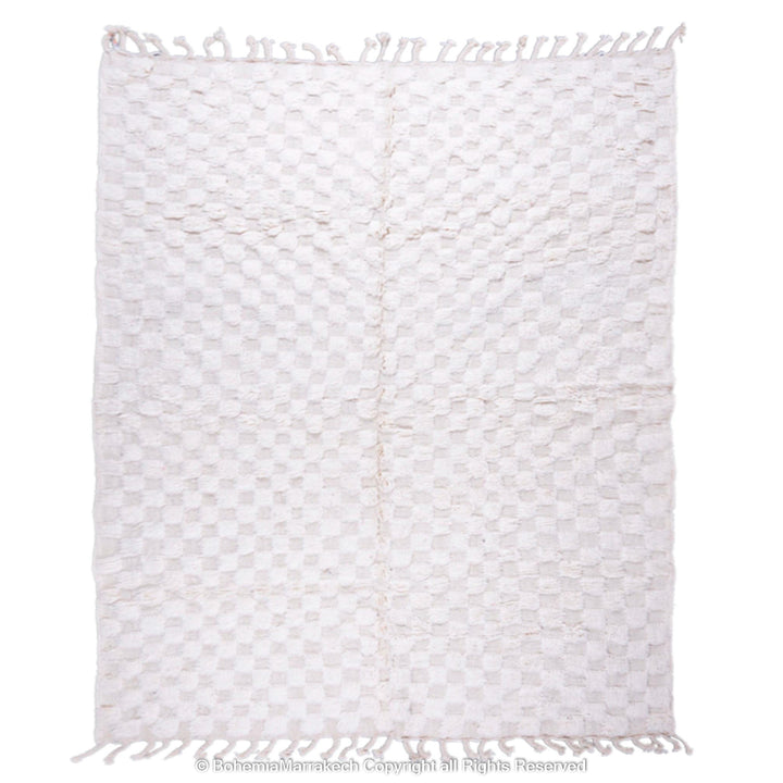 Handmade white checkered Moroccan wool rug, traditional Berber design, perfect for Scandinavian and minimal interiors.