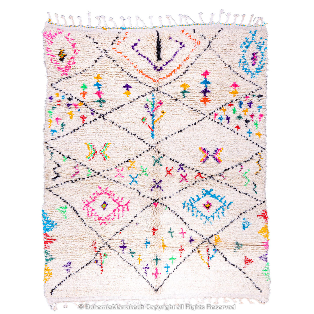 White Moroccan wool rug with multicolor tribal symbols and diamond pattern