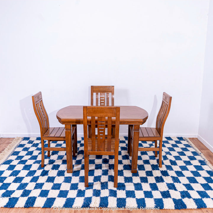 Blue and white checkered Moroccan wool rug with plush shag texture