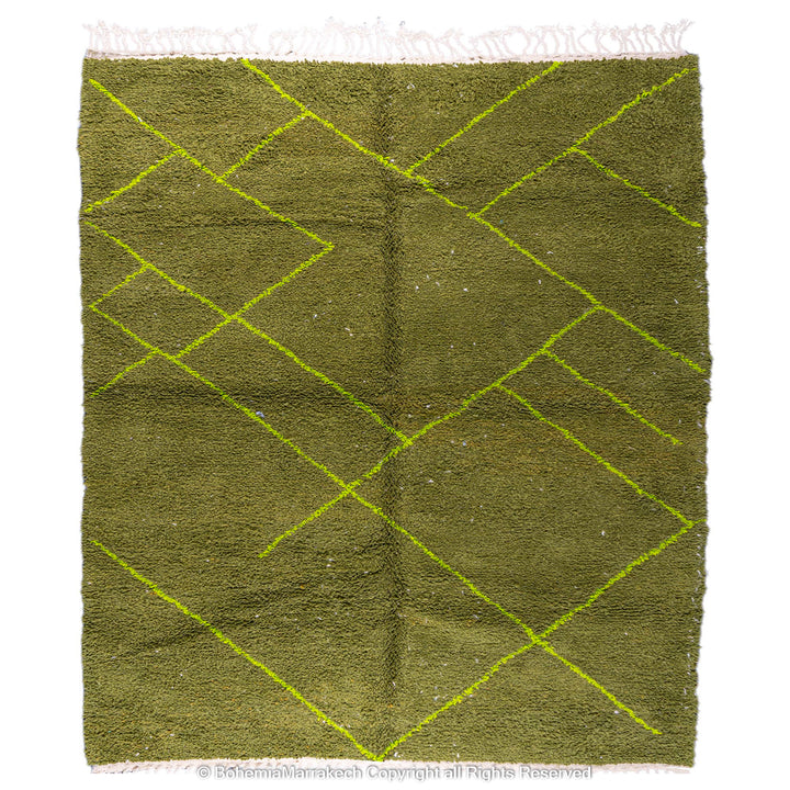 Handmade green Moroccan wool rug with neon yellow diamond line pattern