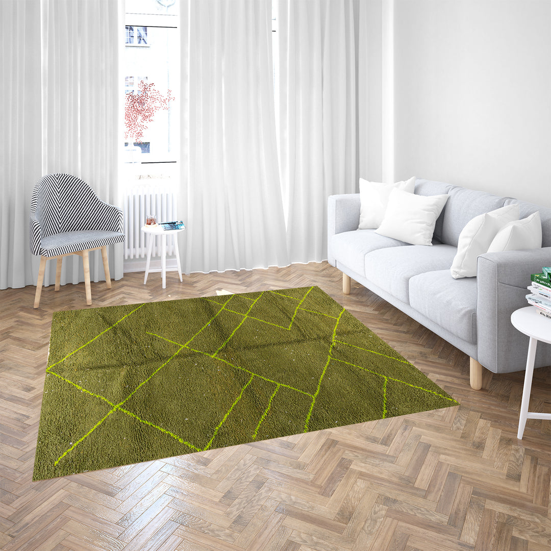 Handmade green Moroccan wool rug with neon yellow diamond line pattern