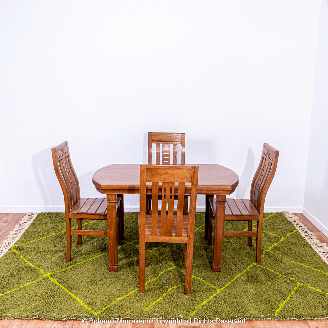Handmade green Moroccan wool rug with neon yellow diamond line pattern