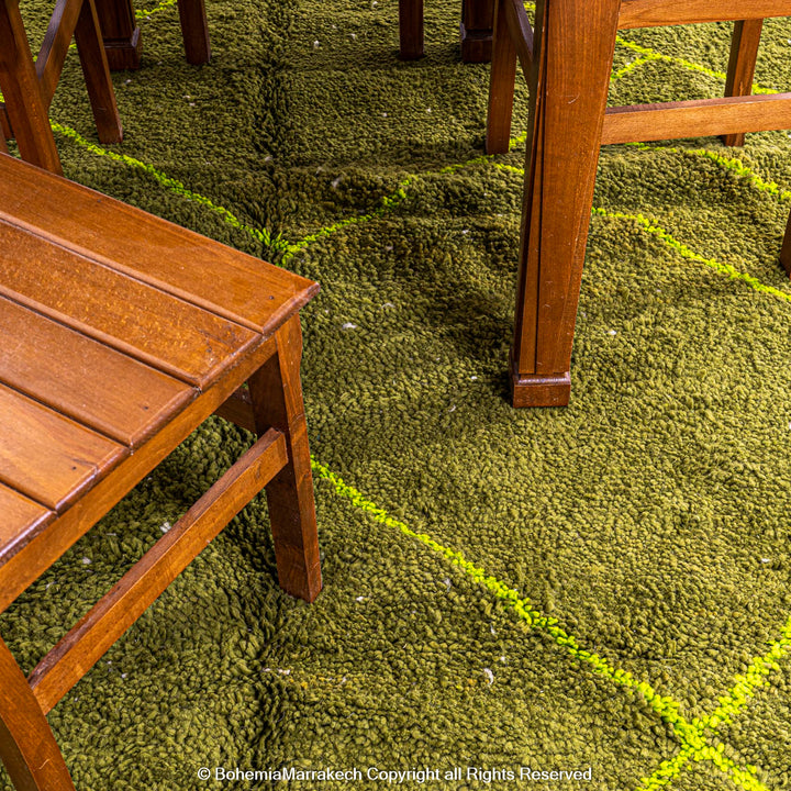 Handmade green Moroccan wool rug with neon yellow diamond line pattern