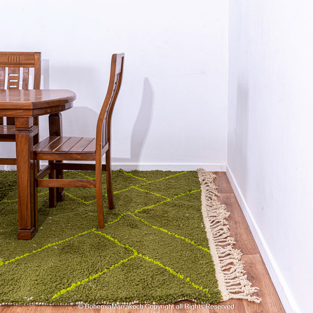 Handmade green Moroccan wool rug with neon yellow diamond line pattern
