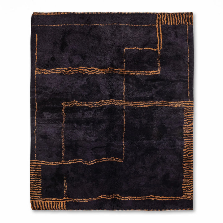 Dark Charcoal Moroccan Wool Rug with Golden Pattern, Traditional Berber Design, Handmade, 8x10 Area Rug, Moroccan Rugs for Sale