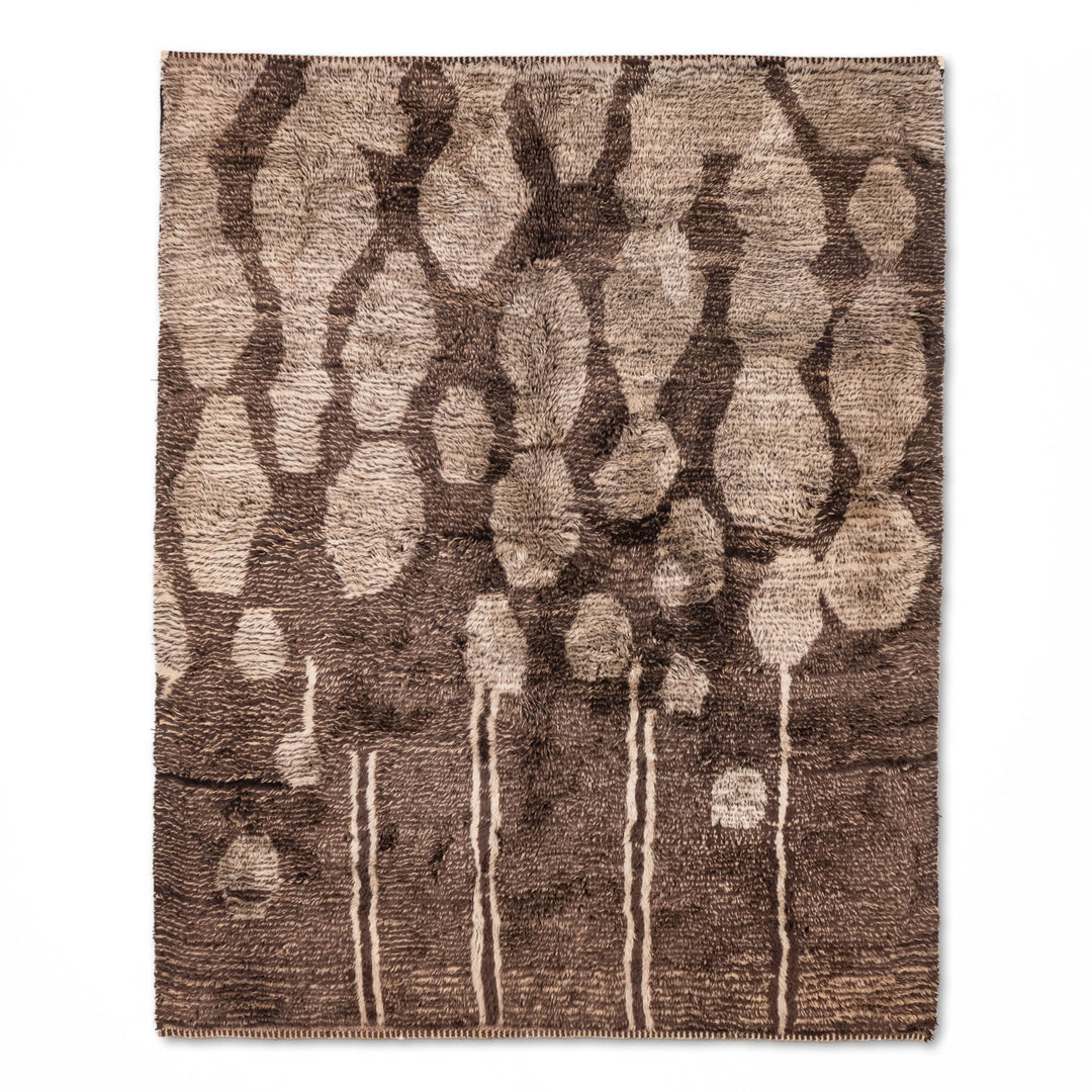 Earth tone Beni Mrirt rug with abstract tree motif, traditional Moroccan Berber carpet, handwoven with natural wool, Atlas Mountains.