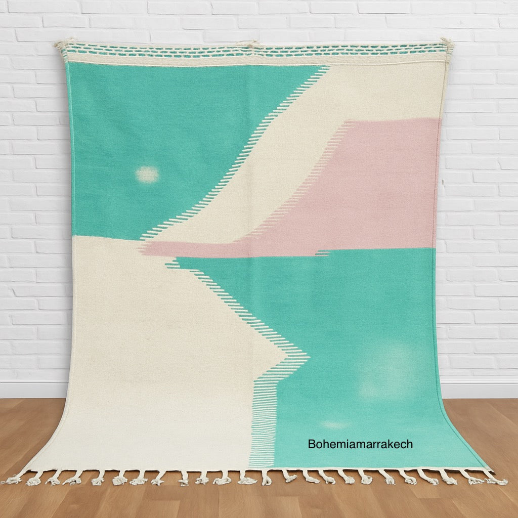 Flatweave Moroccan Rug – Abstract Turquoise & Pink Wool Carpet