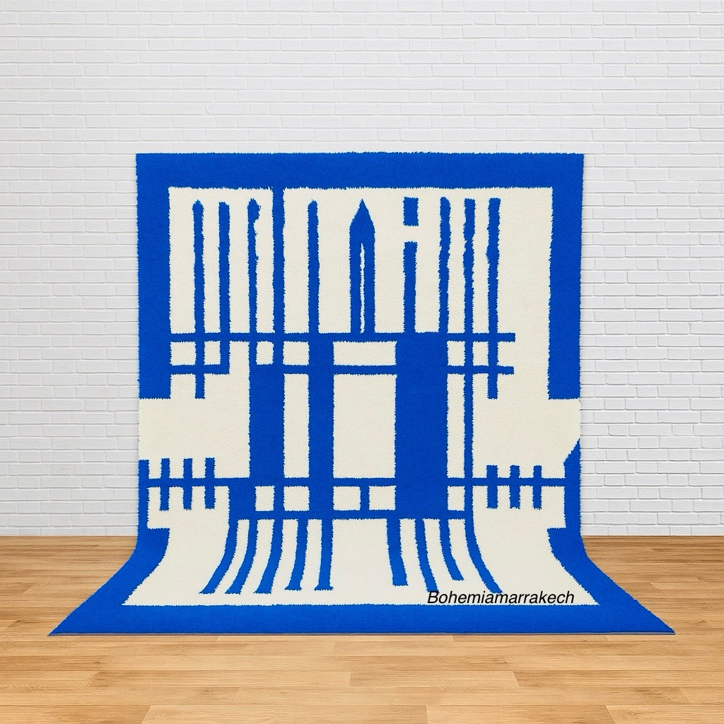 Blue and White Moroccan Wool Rug – Modern Geometric