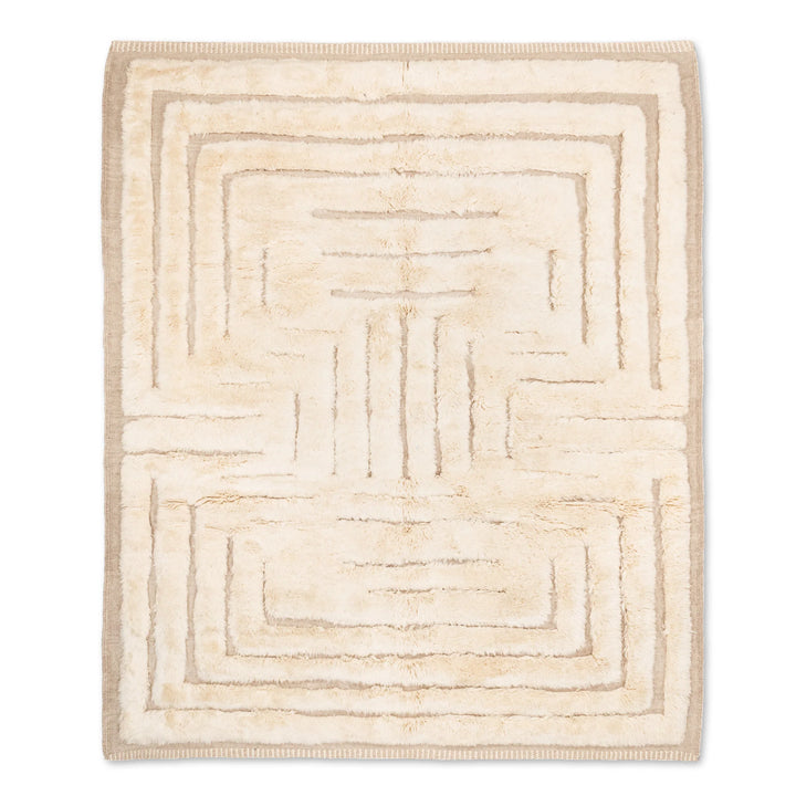 Geometric Beni Mrirt Moroccan wool rug with cream palette and intricate patterns, traditional Berber design, handcrafted in Morocco.