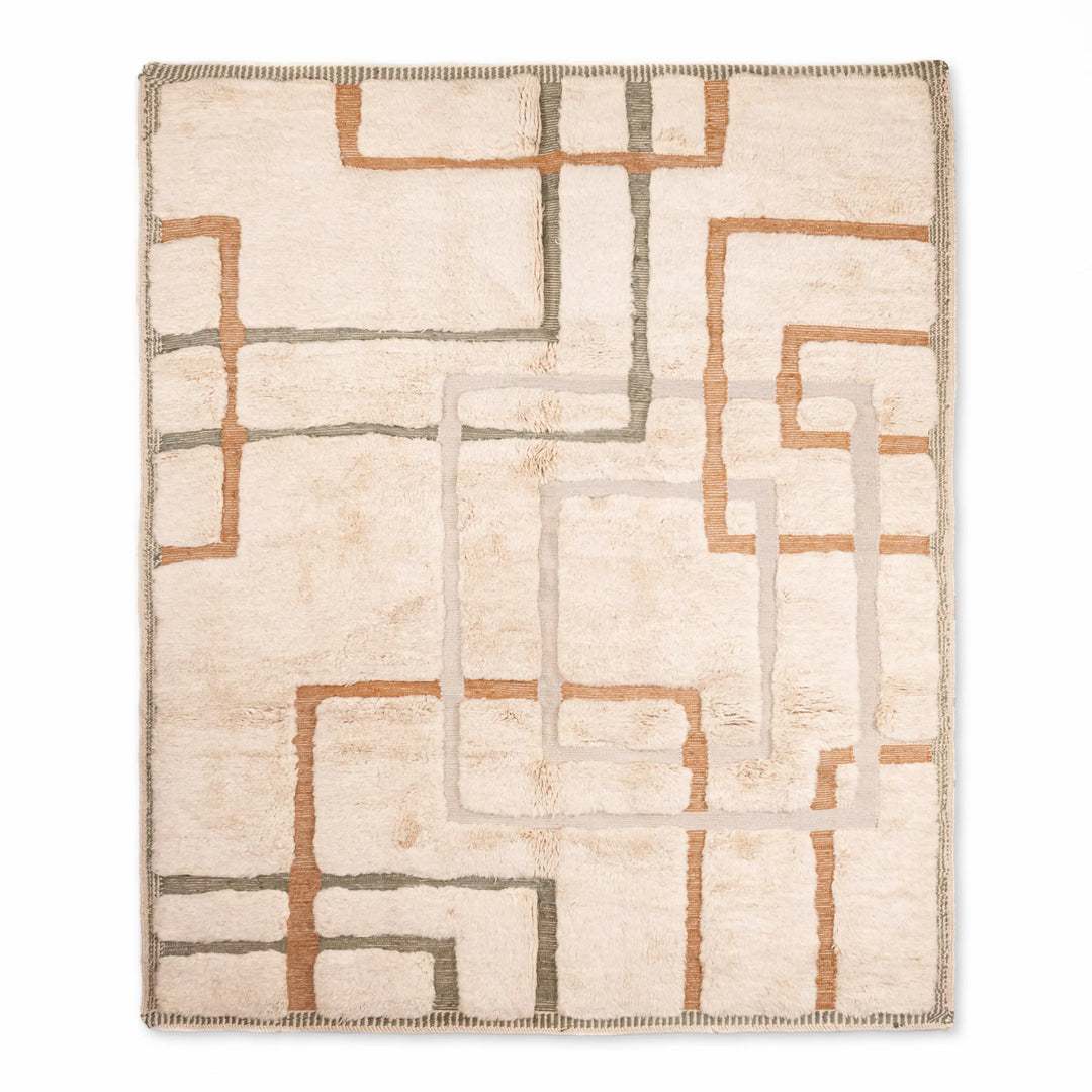 Geometric Beni Mrirt Moroccan Wool Rug in Beige with Terracotta and Sage Lines - Luxurious Handwoven Carpet