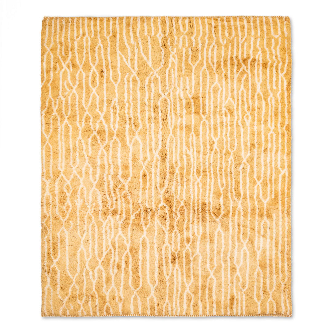 Golden Moroccan Beni Mrirt Rug with linear wool pattern, hand-knotted 8x10 area rug, traditional Berber carpet, yellow Moroccan rugs sale