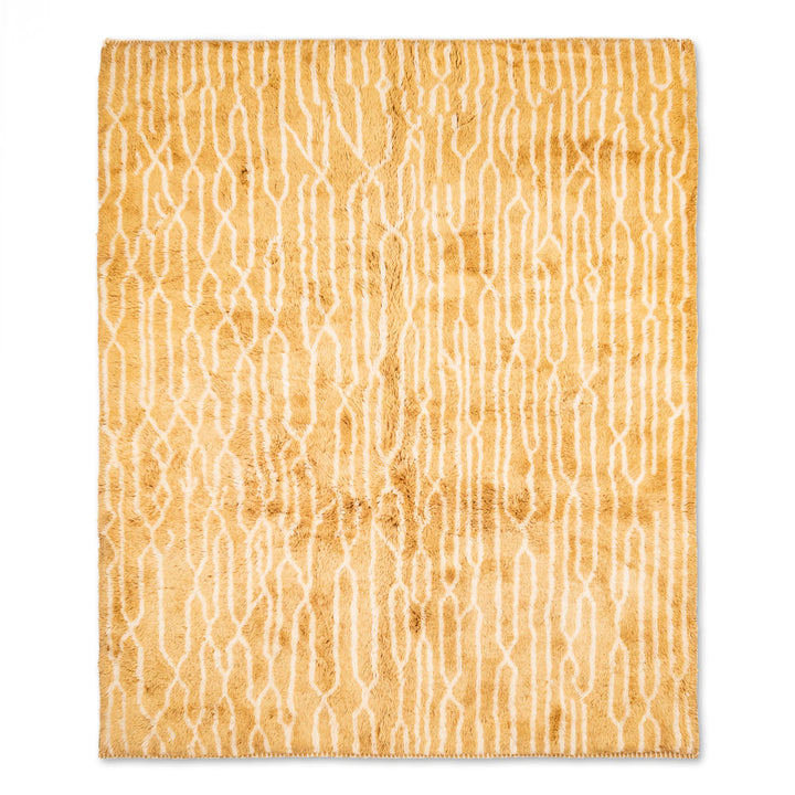 Golden Moroccan Beni Mrirt Rug with linear wool pattern, hand-knotted 8x10 area rug, traditional Berber carpet, yellow Moroccan rugs sale