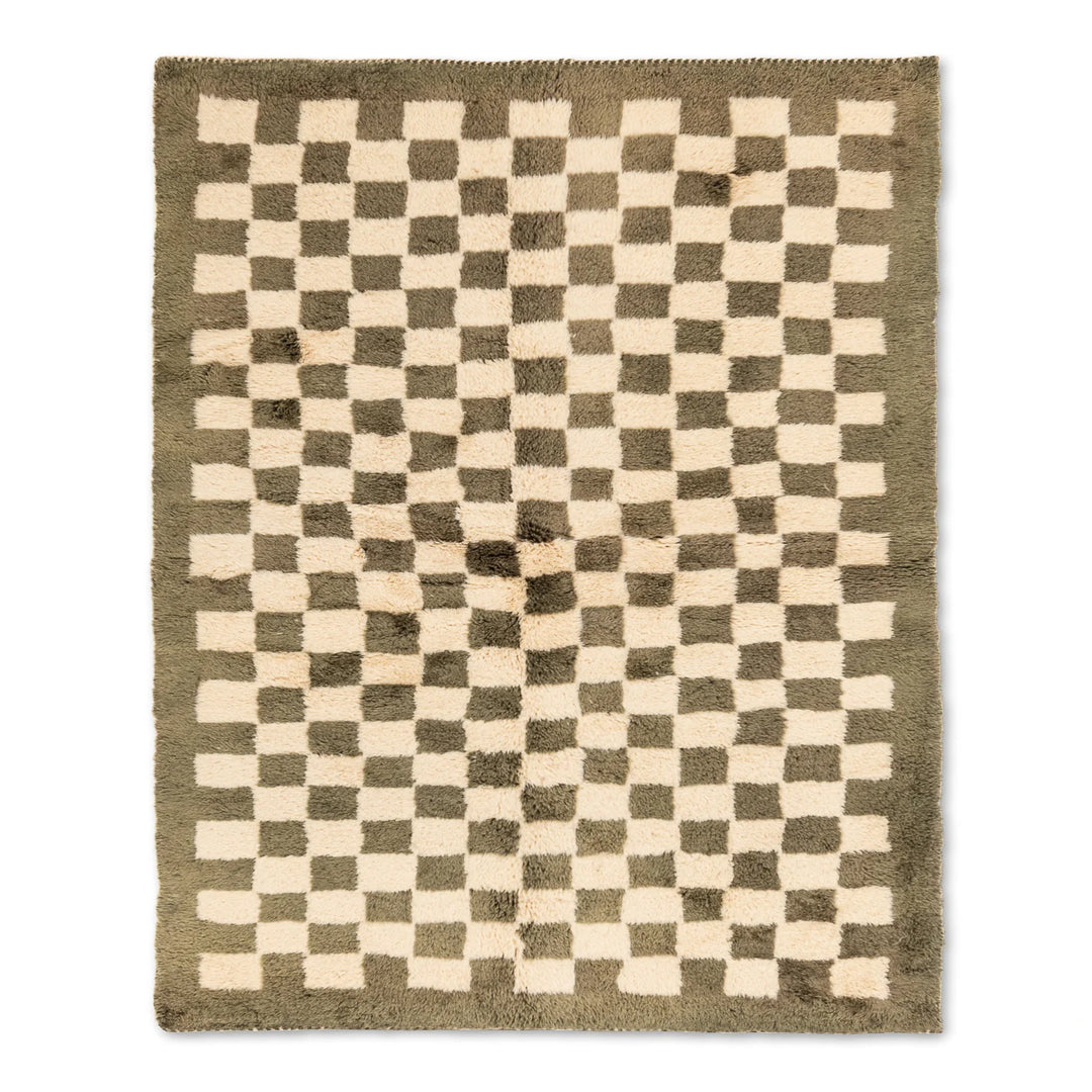Green and ivory checkerboard Beni Mrirt Moroccan wool rug, handmade by Berber artisans. Ideal for modern or bohemian interiors.