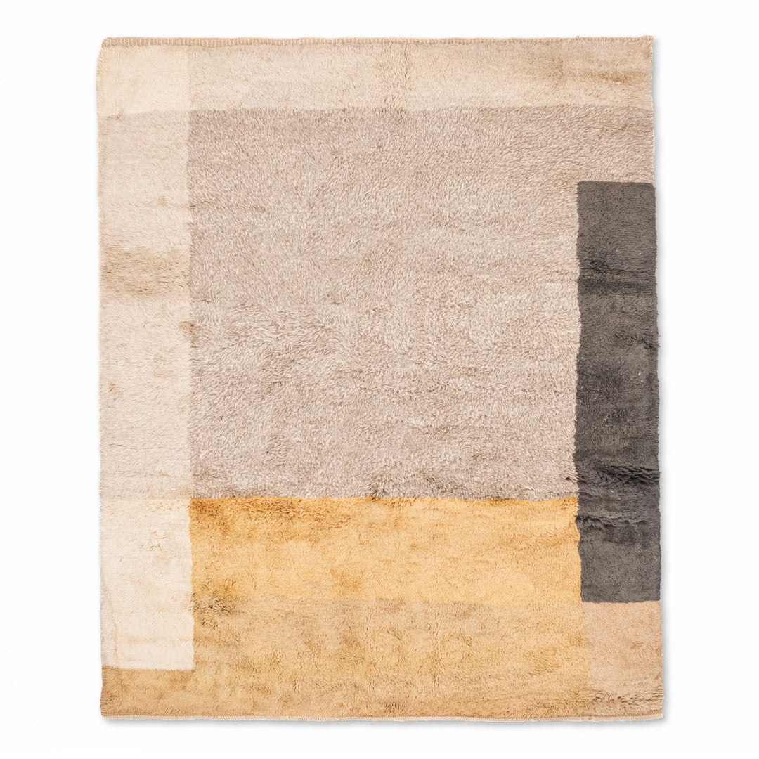 Handmade Moroccan wool rug in beige, grey, and camel color blocks, perfect for minimalist or boho interiors. 8x10 Moroccan rug.