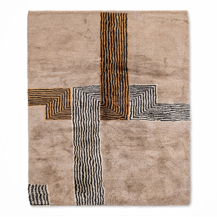 Handmade Moroccan wool rug with geometric line pattern, showcasing traditional Berber design. Perfect as a Moroccan runner rug or shag rug.