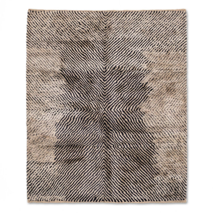 Hypnotic Beni Mrirt Rug with black and beige wool, featuring Moroccan berber design and optical patterns.