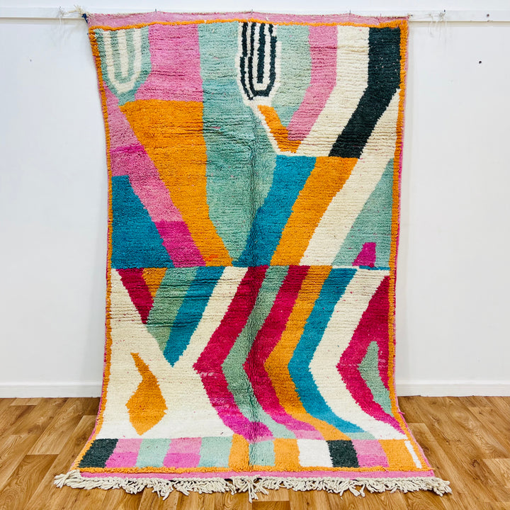 Colorful vintage Moroccan rug, handmade wool with zigzag pattern in orange, teal, fuchsia, cream, and black, 8.3x5 ft.