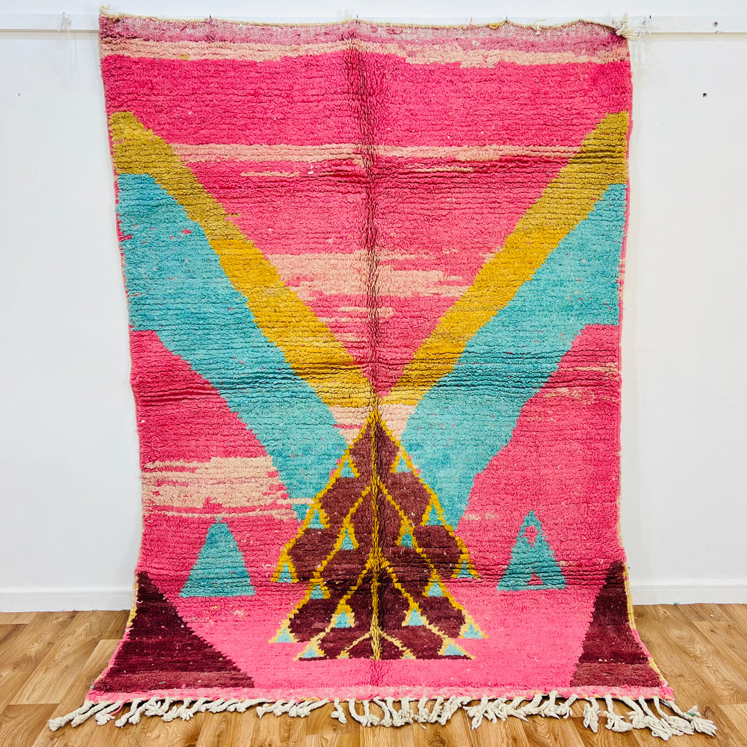 Vintage Moroccan rug in pink, aqua, and brown with Berber triangle design, handwoven wool, 239x170 cm.