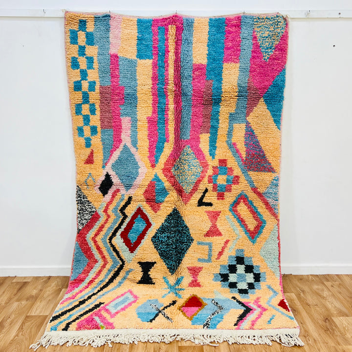 Vintage Moroccan Berber rug with pink, turquoise diamonds, handcrafted wool, perfect for modern boho interiors - 8.5x5.3ft