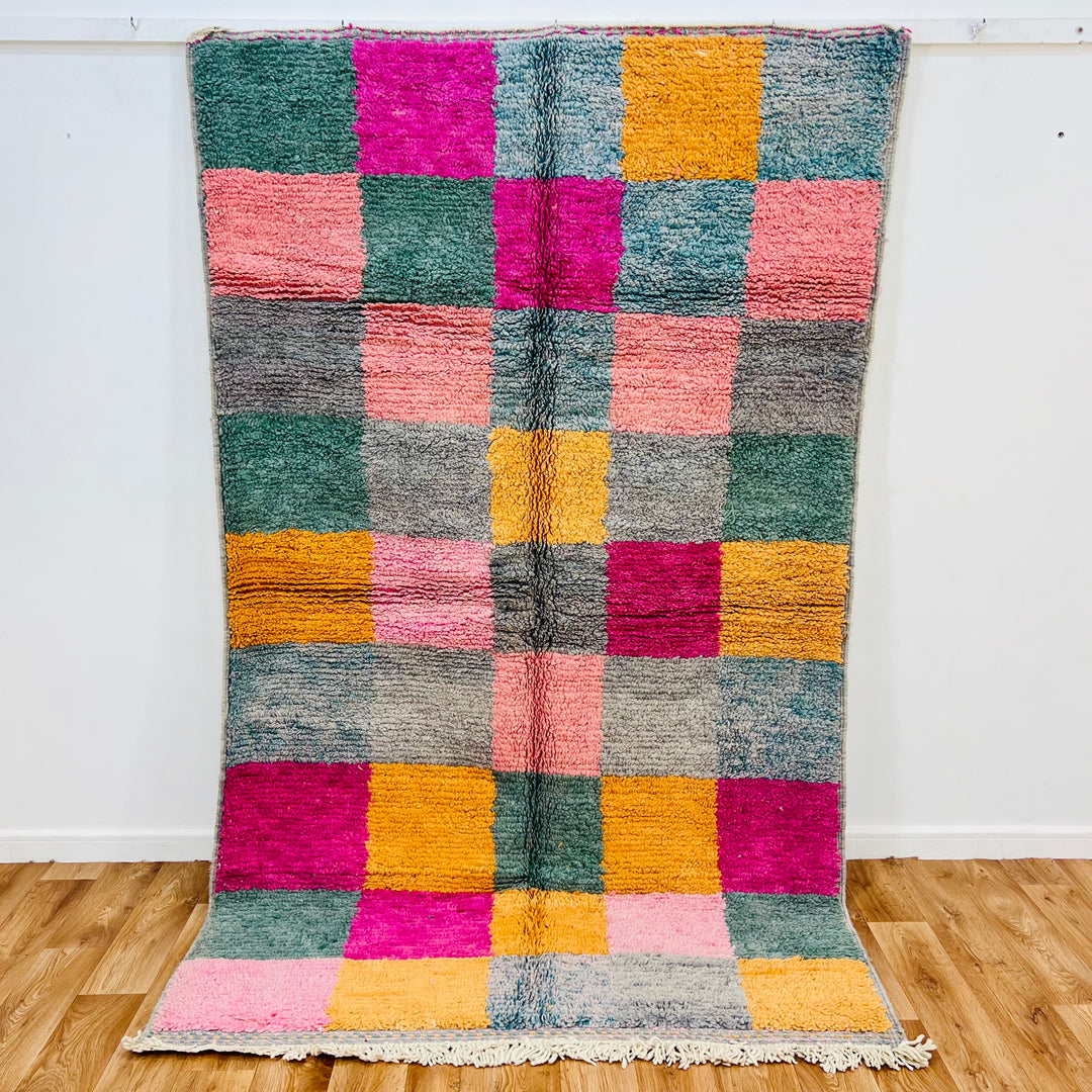 Vintage Moroccan Berber Rug with Color Block Pattern, 8.2x4.9 ft, featuring vibrant pinks, mustard, and sage green. Handwoven in Morocco.