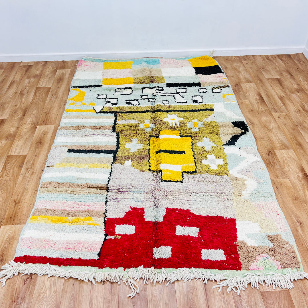 Vintage Moroccan rug 255x155 cm with vibrant colors and abstract tribal motifs, handwoven by Berber artisans. Rug 428.