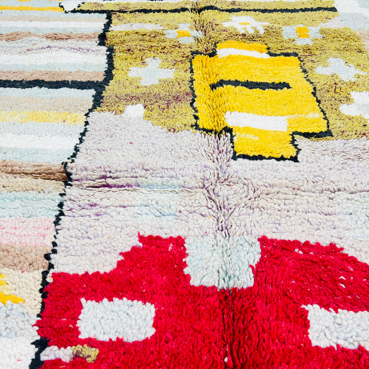 Vintage Moroccan rug with tribal motifs in mustard, red, pink, and blue, 255x155 cm, handwoven by Berber artisans, Rug 428.