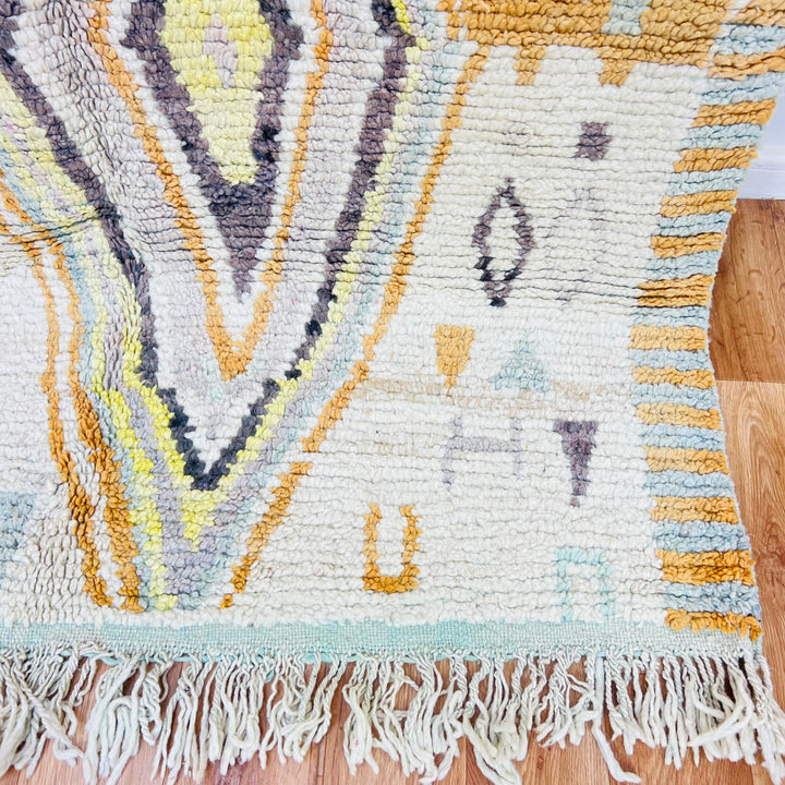 Pastel Vintage Moroccan Rug with Diamond and Tribal Motifs, 8x5 ft, Handmade Wool in Pink, Gold, Gray. Ideal for Boho Interiors.