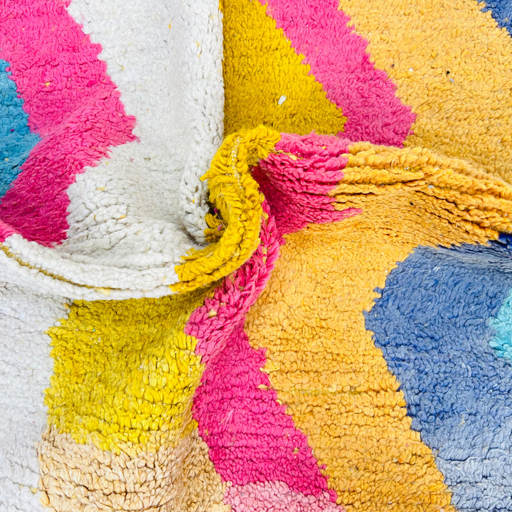 Colorful Vintage Moroccan Shag Rug with Zigzag Patterns in Pink, Yellow, Cream, and Blue
